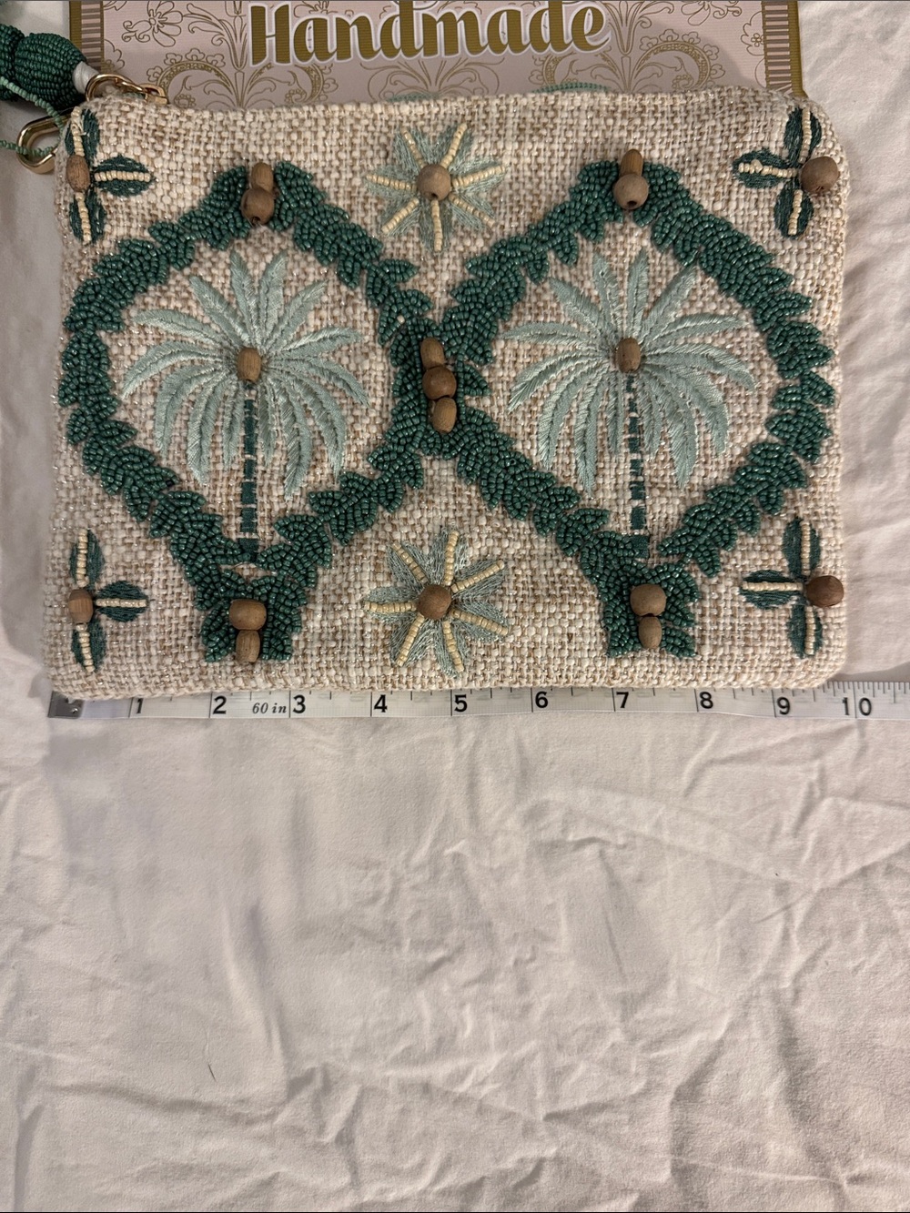 India Handmade Embroidered Beaded Pouch in Teal and Cream - Picture 9 of 10